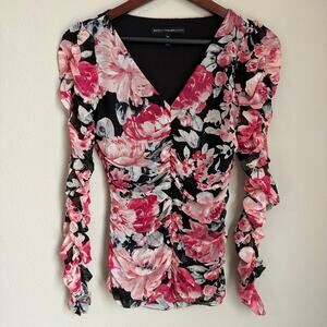 WHBM Y2K Ribbed Floral Blouse Semi-Sheer Lined Coquette V-Neck Whimsigoth